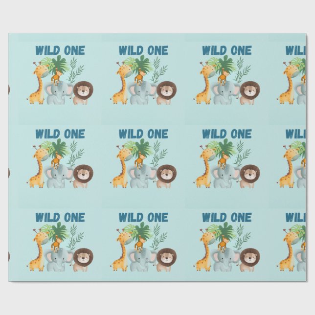 Papel De Presente Safari Animals Wild One birthday  (Aberto)