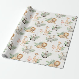 Papel De Presente Safari Elefante Girafa Zebra Flamingo Leão Animal