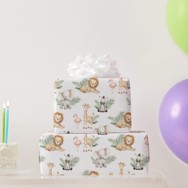 Papel De Presente Safari Elephant Giraffe Zebra Flamingo Lion Animal (Presentes para festas)