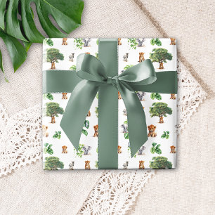 Papel De Presente Safari Elephant Lion Tropical Greenery