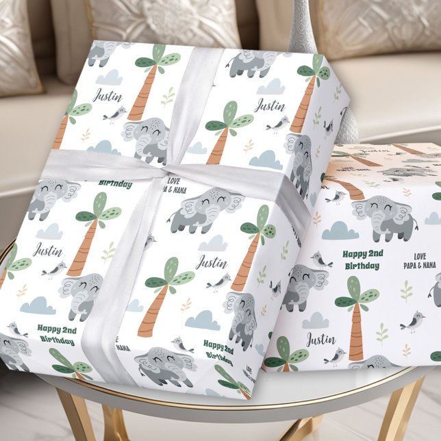 Papel De Presente Safari ZOO Animais do Filhote Elefante Cugado Nome (Safari ZOO Animals Cute Elephant Boy Birthday Name Wrapping Paper)