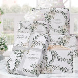 Papel De Presente Sage Eucalyptus Wedding Add Names & Congratulation<br><div class="desc">Um eucalipto verde sábio com rosa de escova e flores brancas papel de embrulho de casamento com as palavras,  "Parabéns" e os nomes da noiva e noiva com a data numérica do casamento escrito neste papel de embrulho.</div>