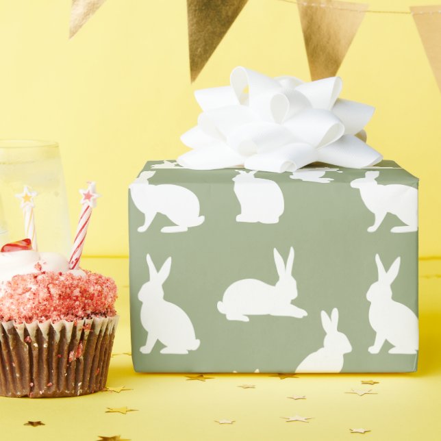 Papel De Presente Sage Green And White Bunny Pattern Cute Easter (Festa de aniversário)