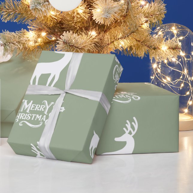 Papel De Presente Sage Green Merry Christmas Deer  (Feriados)