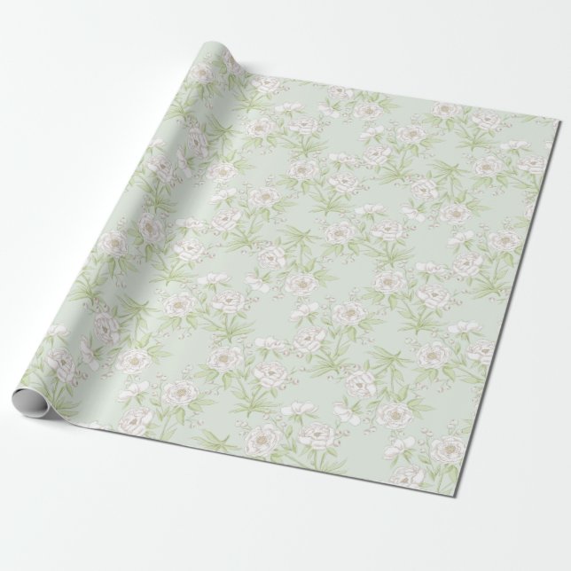 Papel De Presente Sage Green White Rose Wedding (Desenrolado)