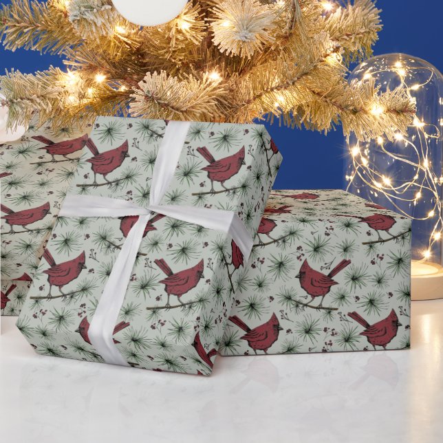 Papel De Presente Sage Green Winter Red Cardinal Patterno (Feriados)
