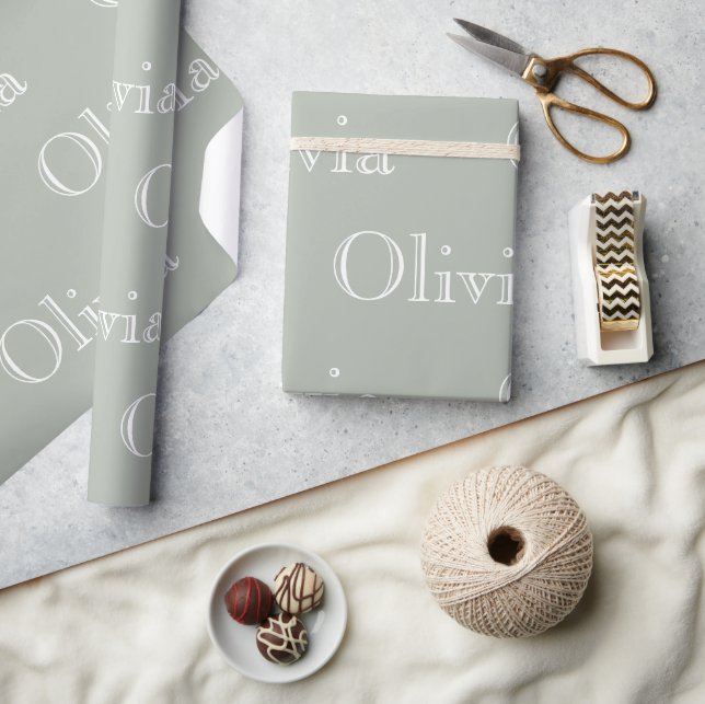 Papel De Presente Sage Moderno Nome Personalizado em Rótulo Pastel E (Artesanato)