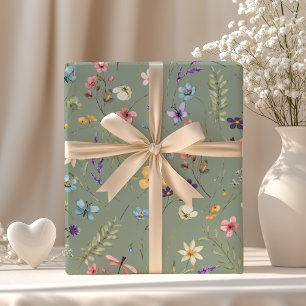 Papel De Presente Sage Verde Flor Silvestre & Borboleta Boho Verão