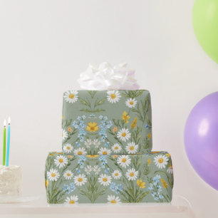 Papel De Presente Sage Verde Margarida Flor Silvestre Cottagecore Fl
