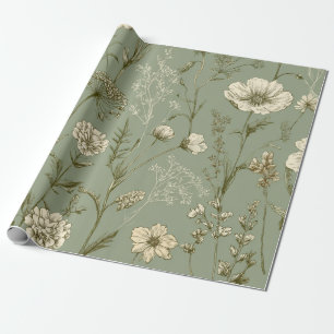 Papel De Presente Sage Verde Rústico Botânico Floral Ousado Vintage