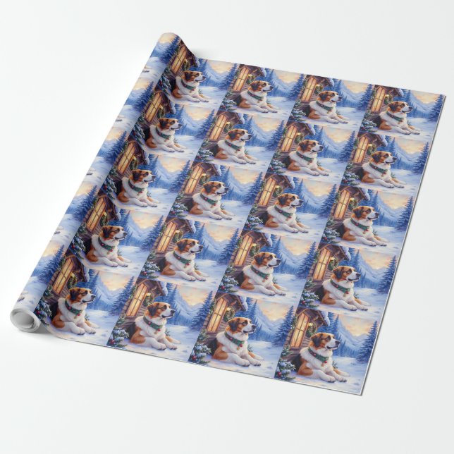 Papel De Presente Saint Bernard Snowy Mountain Lodge Christmas Dog (Desenrolado)