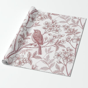 Papel De Presente Sakura Cerejeira Vintage & Pássaro Estética