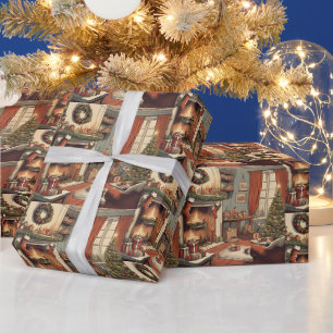 Papel De Presente Sala de estar natalina retrô com árvore de Natal