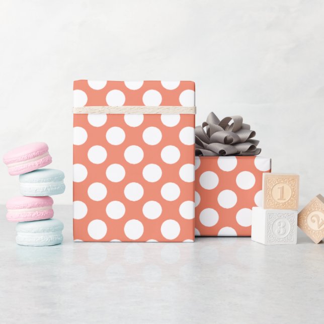 Papel De Presente Salmon Vermelho Laranja Branco Bolinhas (Chá de bebê)