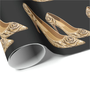 Papel De Presente Saltos Altos Elegantes com Rosas Douradas Preto Do