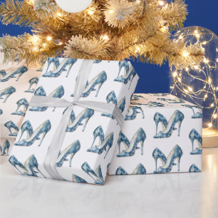 Papel De Presente Saltos Altos Flocos de Neve Azuis e Brancos Natal