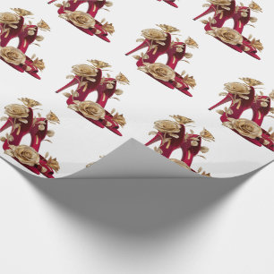 Papel De Presente Saltos Altos Vermelhos Elegantes com Rosas Dourada
