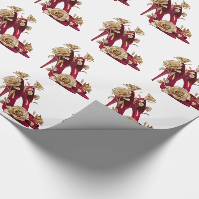 Papel De Presente Saltos Altos Vermelhos Elegantes com Rosas Dourada (Ponta)