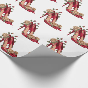 Papel De Presente Saltos Altos Vermelhos Elegantes com Rosas Dourada
