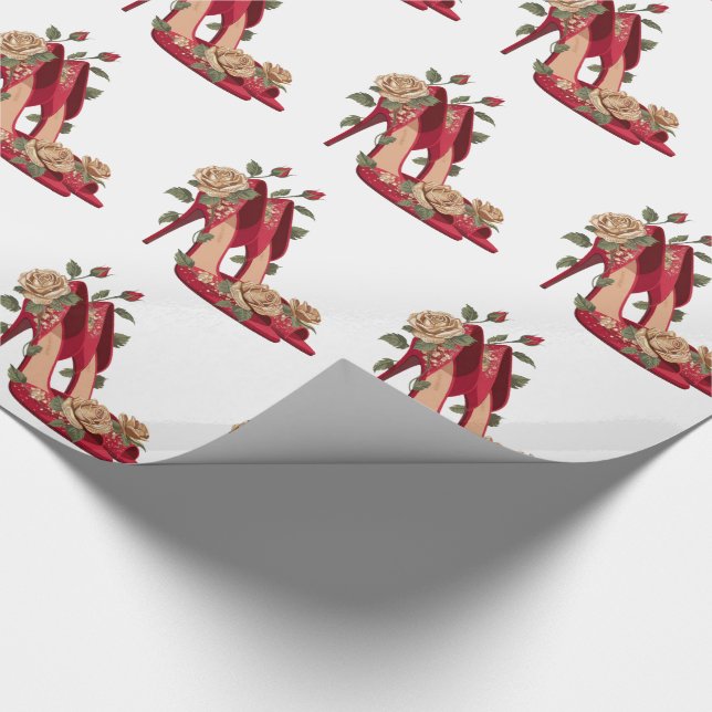 Papel De Presente Saltos Altos Vermelhos Elegantes com Rosas Dourada (Ponta)