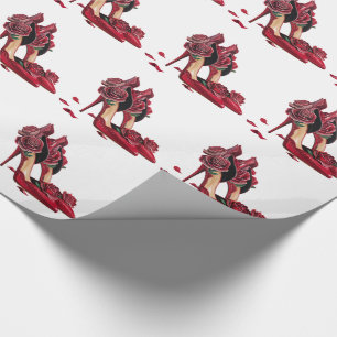 Papel De Presente Saltos Altos Vermelhos Elegantes com Rosas Dourada