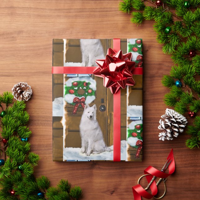 Papel De Presente Samoyed no Porch Christmas (Presente de Natal)