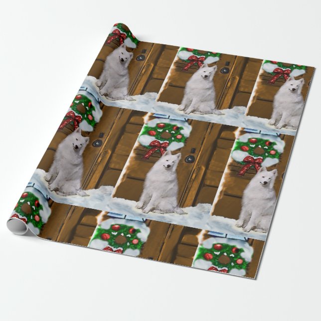 Papel De Presente Samoyed no Porch Christmas (Desenrolado)