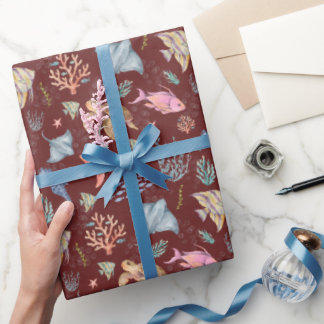 Papel De Presente Sangria Texturizada com Vida Oceânica em Aquarela