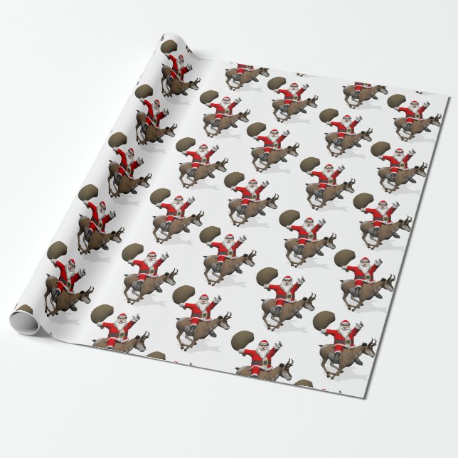 Papel De Presente Santa Claus Andando Um Pronghorn (Desenrolado)