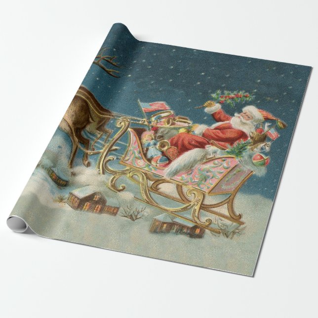 Papel De Presente Santa Claus Christmas Antique Sleigh Reindeer (Desenrolado)