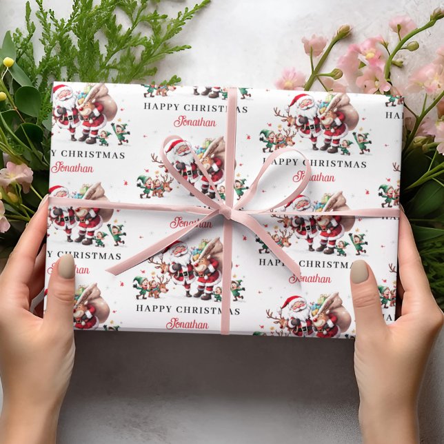 Papel De Presente Santa Claus Deer Happy Christmas Personalized Name (Criador carregado)