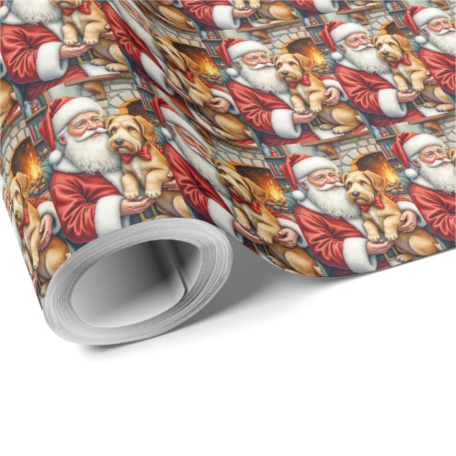 Papel De Presente Santa Claus Holding Airedale Christmas Art (Ponta do rolo)