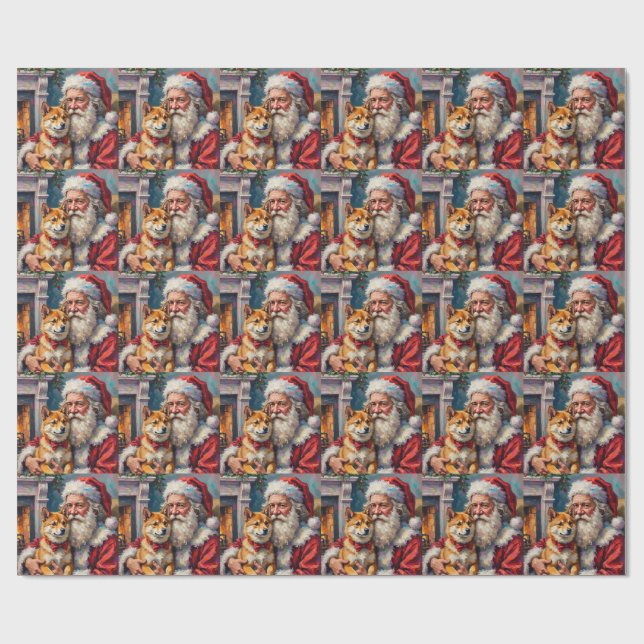 Papel De Presente Santa Claus Holding Shiba Inu Christmas Art (Aberto)