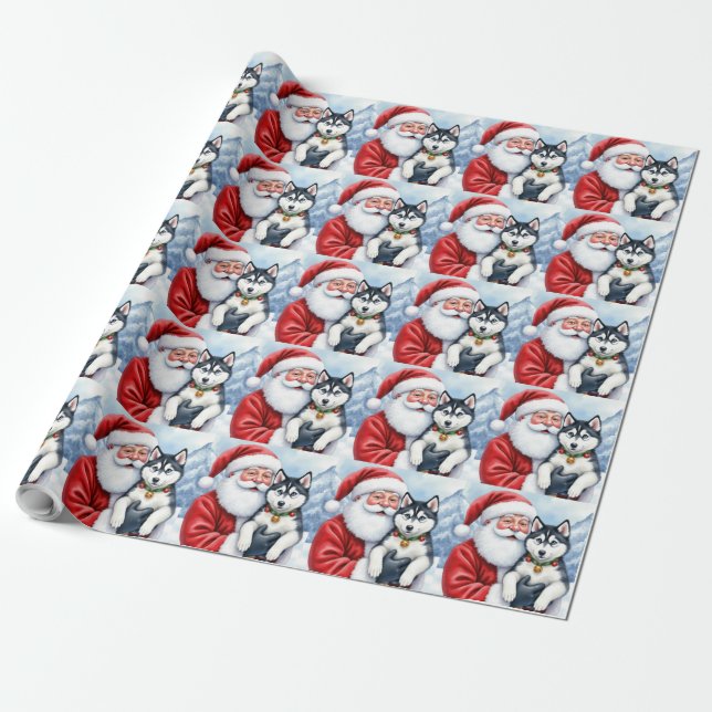 Papel De Presente Santa Claus Holding Siberian Husky Christmas Art (Desenrolado)