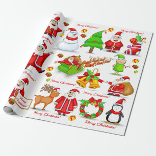 Papel De Presente Santa Claus Snowman Elves Reindeer Penguin