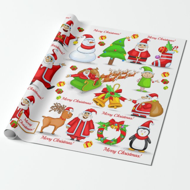 Papel De Presente Santa Claus Snowman Elves Reindeer Penguin (Desenrolado)