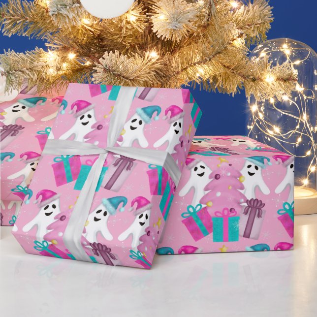 Papel De Presente Santa Hat Ghosts with Christmas Tree & Presents (Feriados)