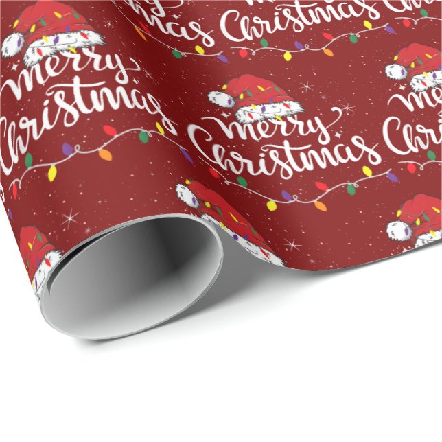 Papel De Presente Santa Hat Merry Christmas Lights Xmas Family Red (Ponta do rolo)