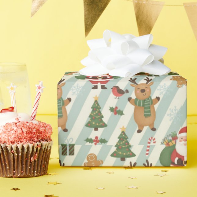 Papel De Presente Santa & Reindeer Striped Christmas Wrapping Paper (Festa de aniversário)