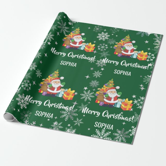 Papel De Presente Santa Xmas Tree Gifts Snowflakes Personalize Name (Desenrolado)