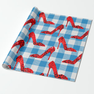 Papel De Presente sapateiras de rubi de gingham azul