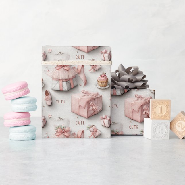 Papel De Presente Sapatilhas de Ballet e Tutus em Elegância Rosa Sua (Chá de bebê)