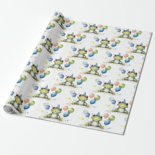 Papel De Presente Sapo branco, verde, com balões