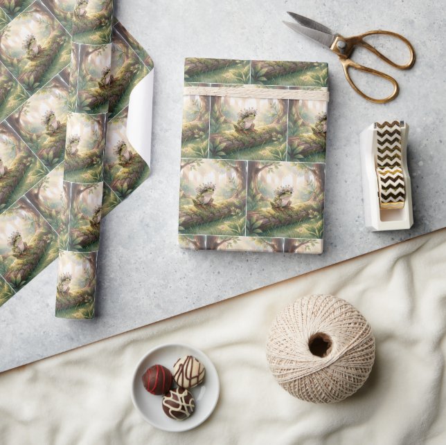 Papel De Presente Sapo Vestindo Coroa Floral na Floresta (Artesanato)