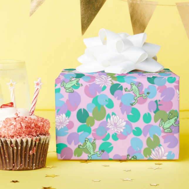 Papel De Presente Sapos Verdes e Lily Pads em rosa (Festa de aniversário)