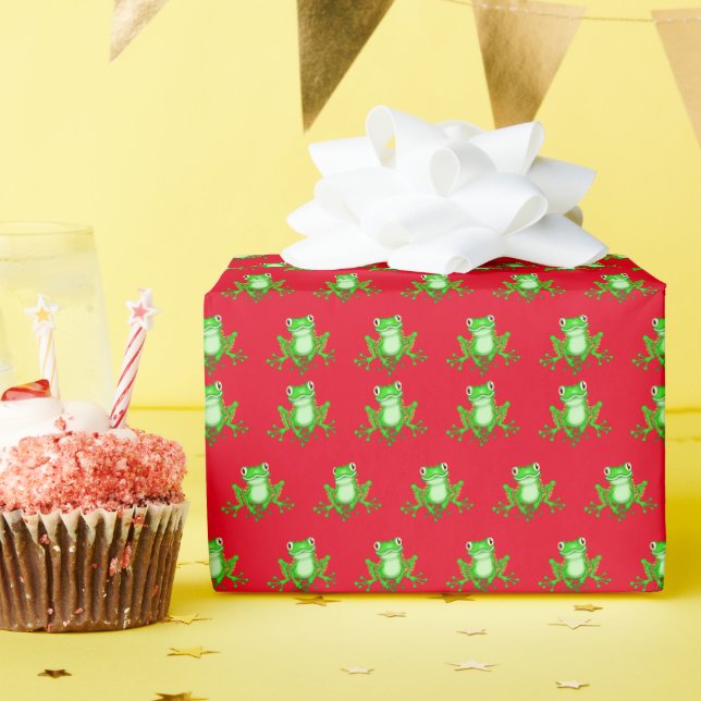 Papel De Presente sapos verdes em vermelho (Festa de aniversário)