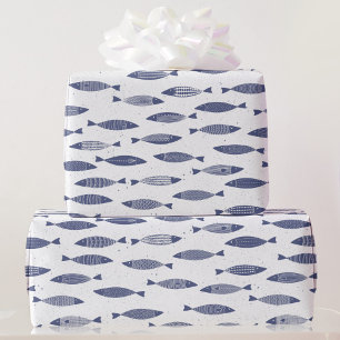 Papel De Presente Sardinha Peixe Azul Marinho Branco Costeiro