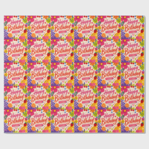 Papel De Presente Saudação de aniversário Colorida Retro Pop com Flo