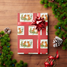 Papel De Presente Saudações de Natal Raposas Reprodução Vintage
