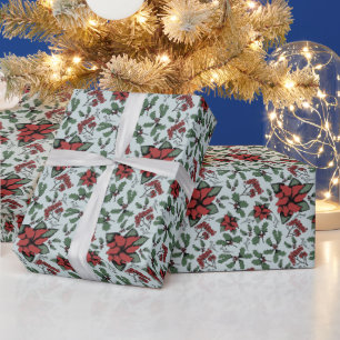Papel De Presente Sazonal Red Poinsettias e Berries Blue